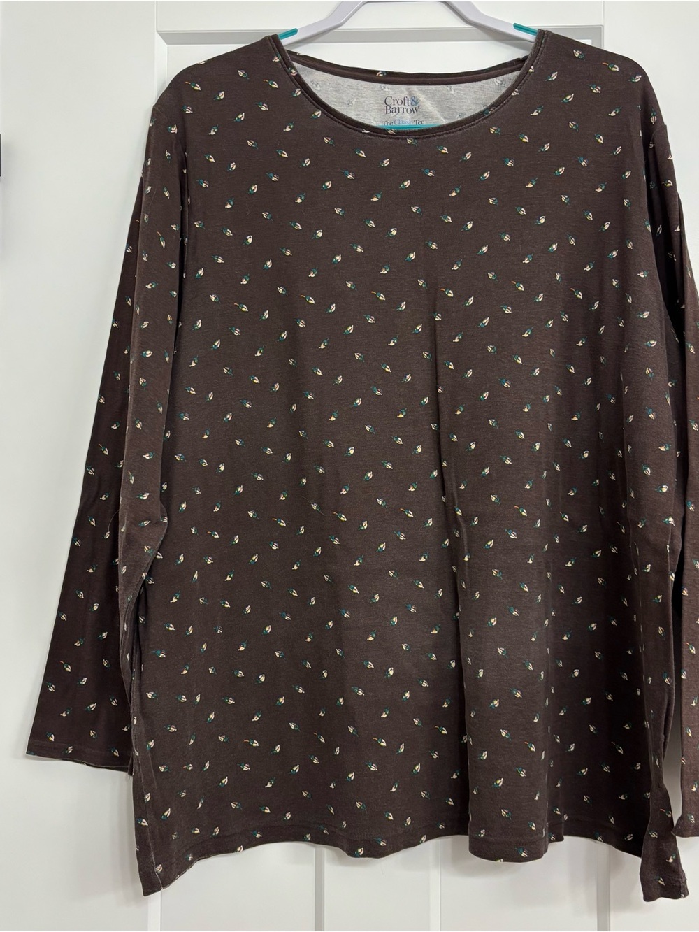 croft & barrow Chocolate Brown Long-Sleeve Scoop Neck Top with Tiny Floral Motif